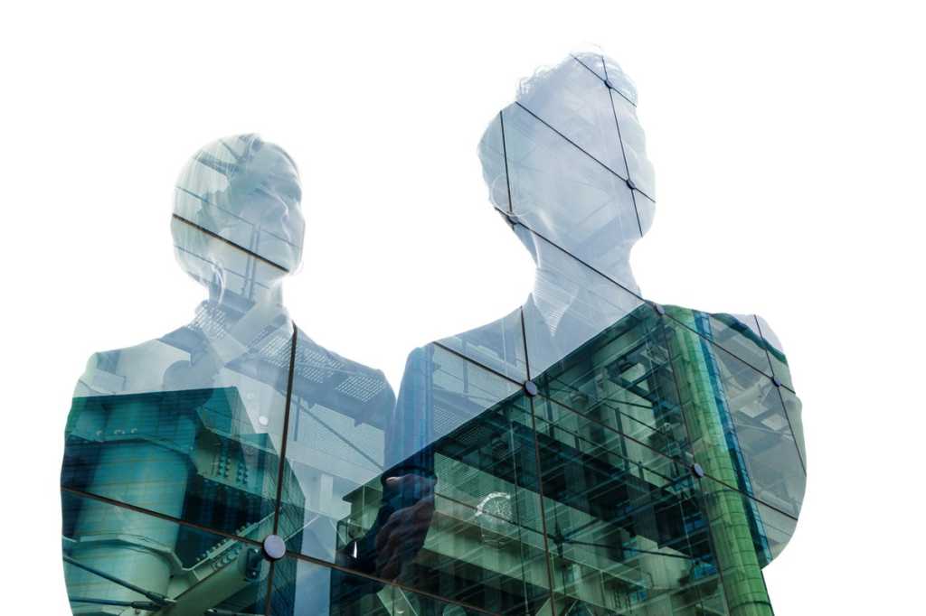 leadership execs superimposed on building