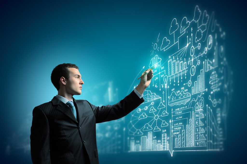 man writing business info