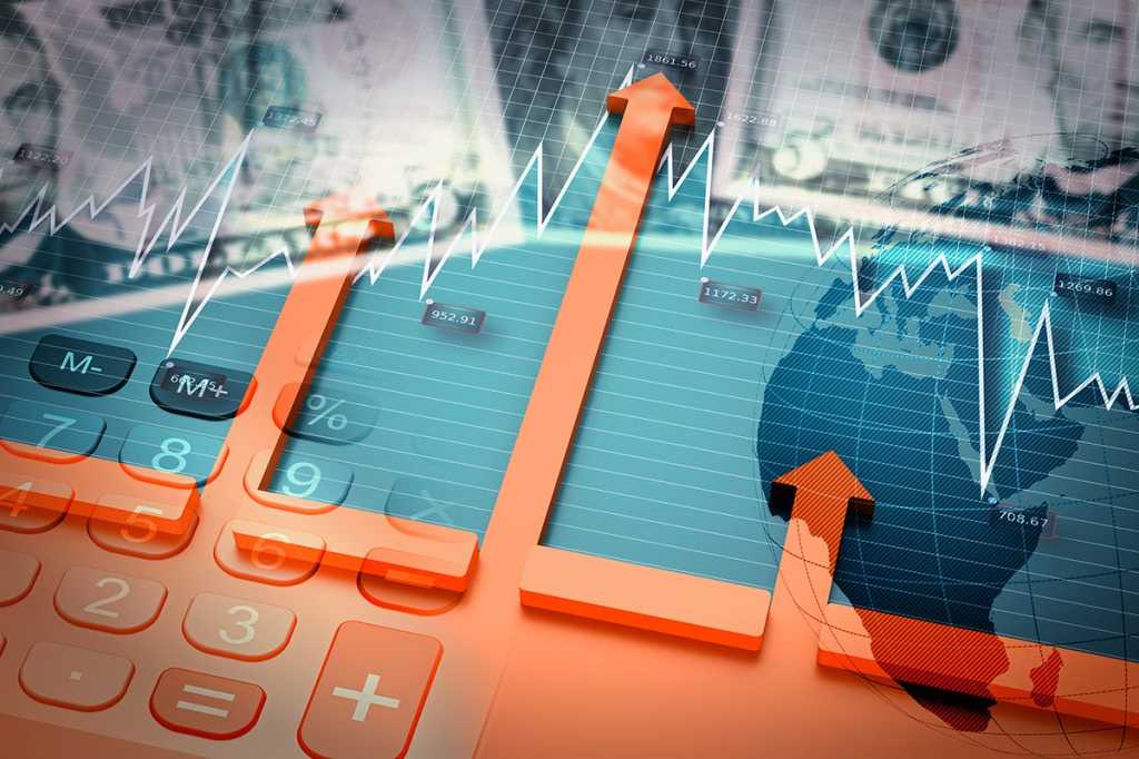 multiple-exposure image of dollars, charts, graphs, a globe and a calculator