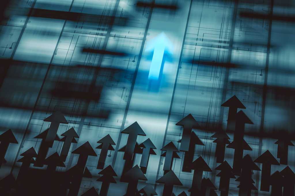 A glowing blue arrow speeds ahead of a pack of black arrows [lead / compete / momentum / growth]