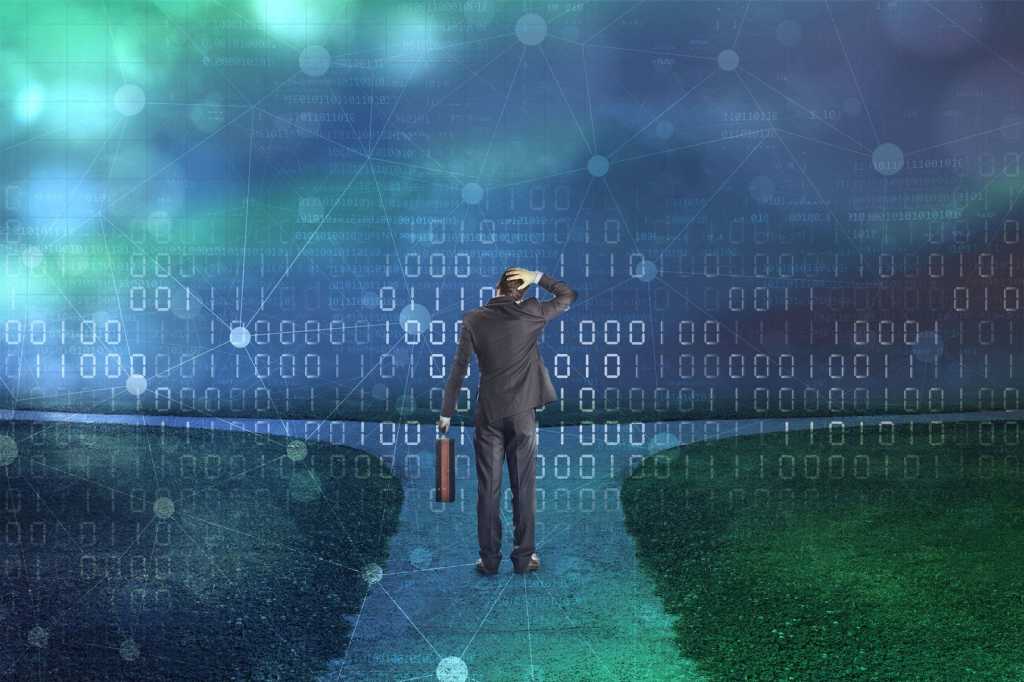 path businessman confused decision technology data binary plotted points