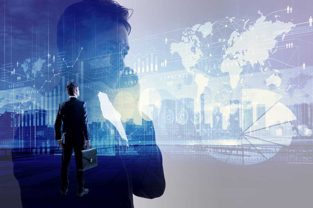 multiple-exposure image combining businessmen with a city skyline, a global map, charts and data