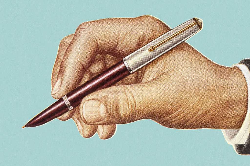 retro hand with pen writing drawing businessman with pen budget accounting