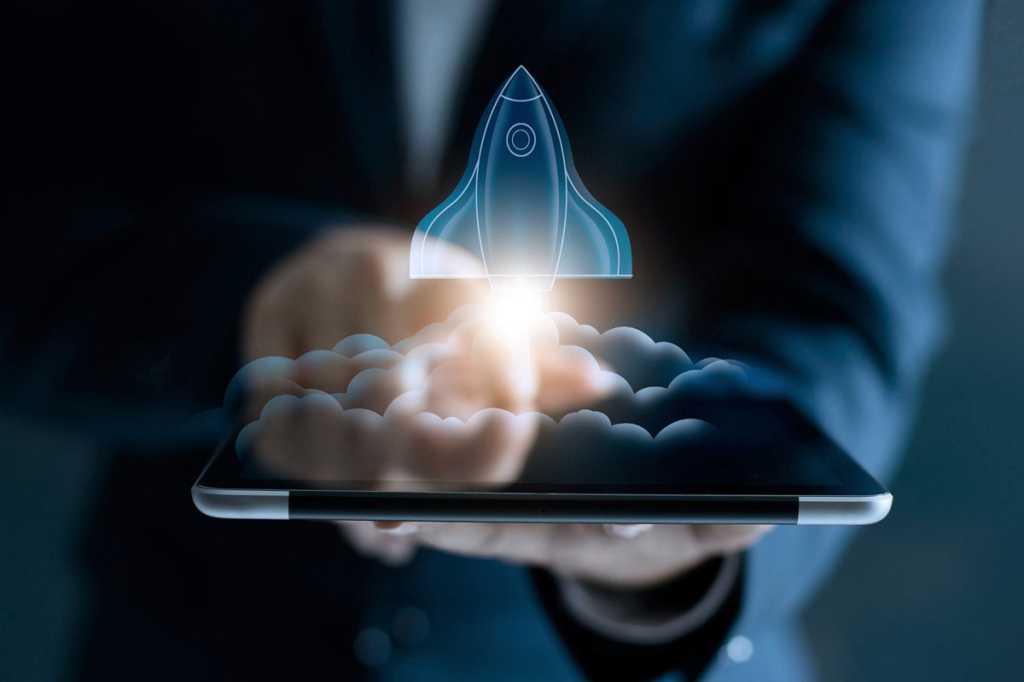 rocket startup launch tablet innovation digital transformation growth