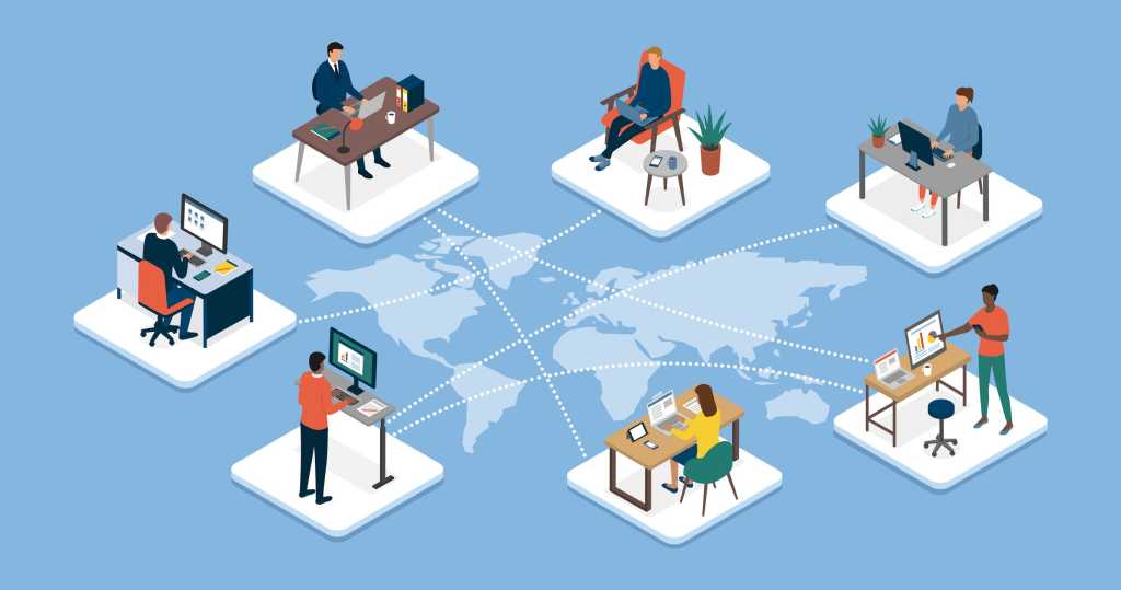 Multiple people working across the world sitting at desks