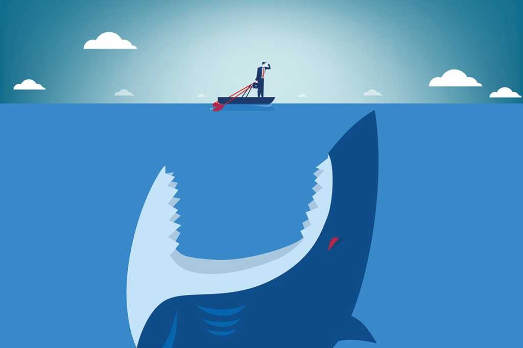 a businessmand rows a tiny boat in the ocean, above a gigantic, open-mouthed shark