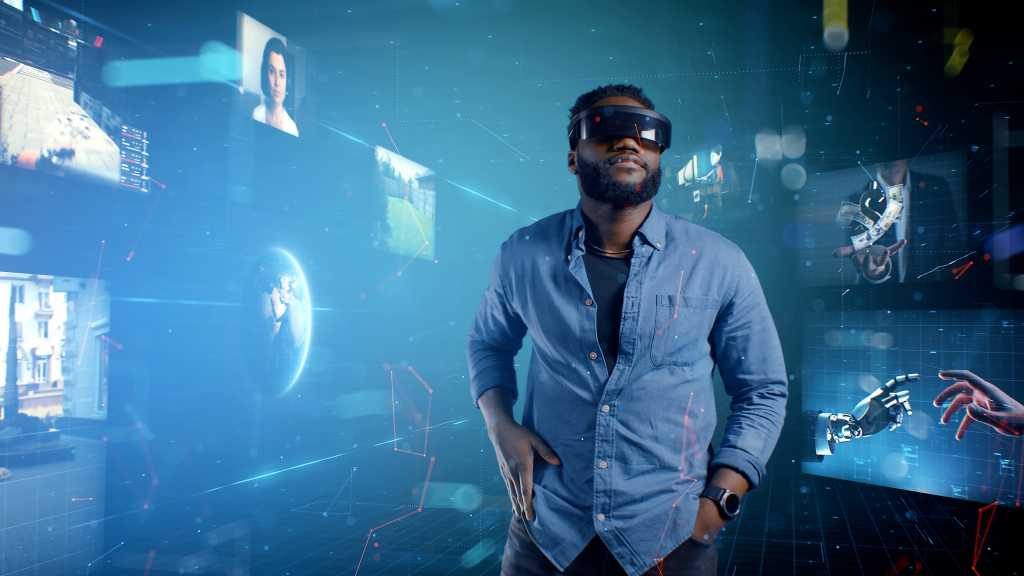 man in the cyberspace of the virtual world of the meta universe uses the interfaces of different applications.