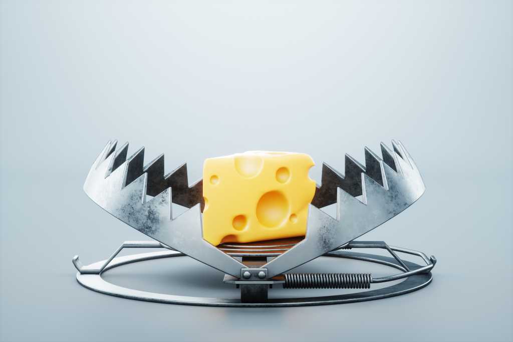 A large piece of cheese in a bear trap, close-up. The concept of a trap, cheating, credit, free cheese in a mousetrap. 3D render, 3D illustration