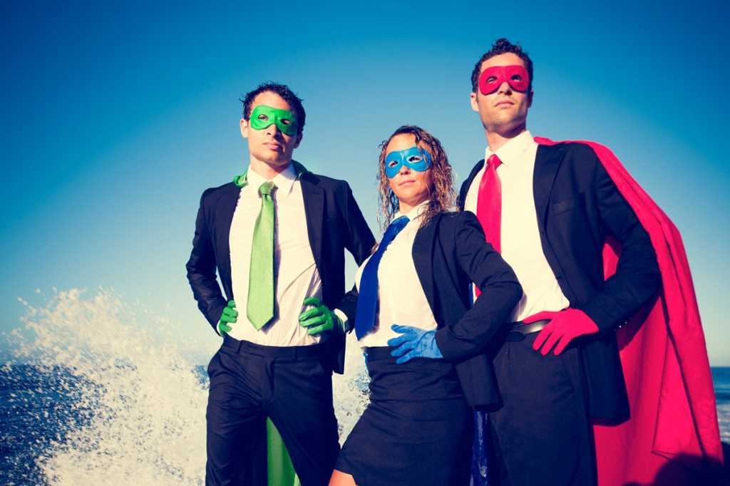 superhero executives strong leaders mask rescue cape colorful costume