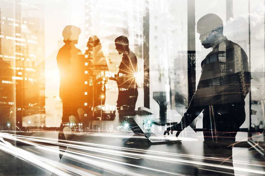 teamwork / collaboration / colleagues / board room / strategy / double-exposure skyline