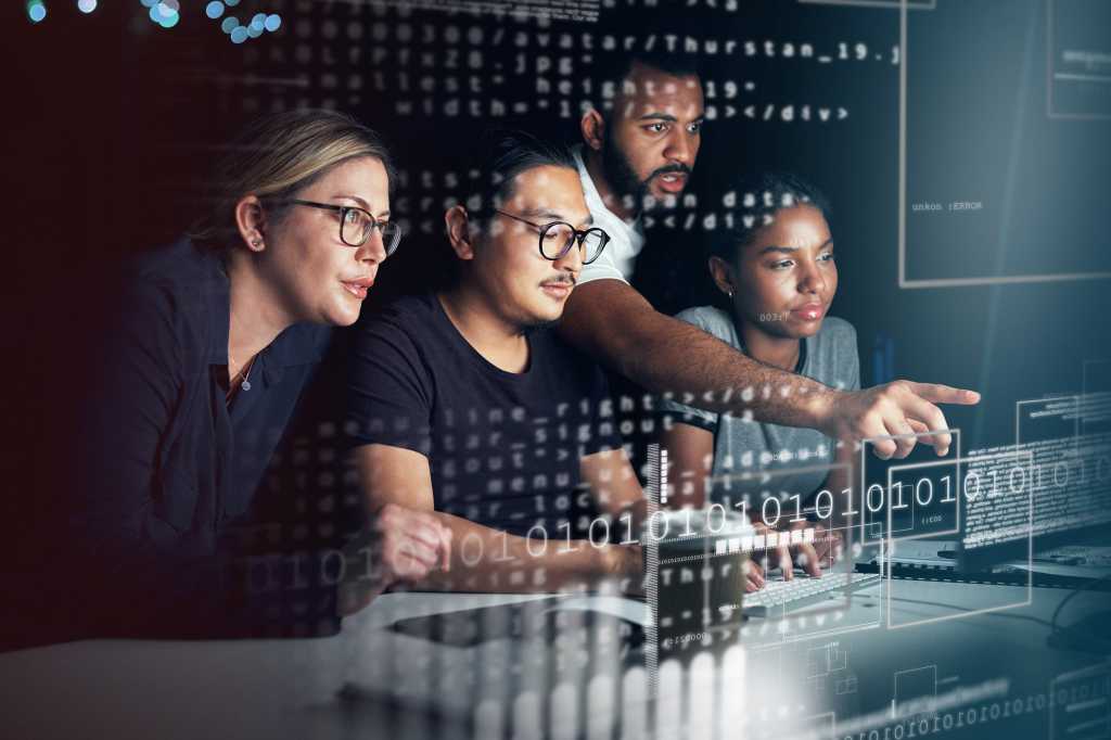 teamwork / collaboration / developers / development / engineers / binary code / virtual interface