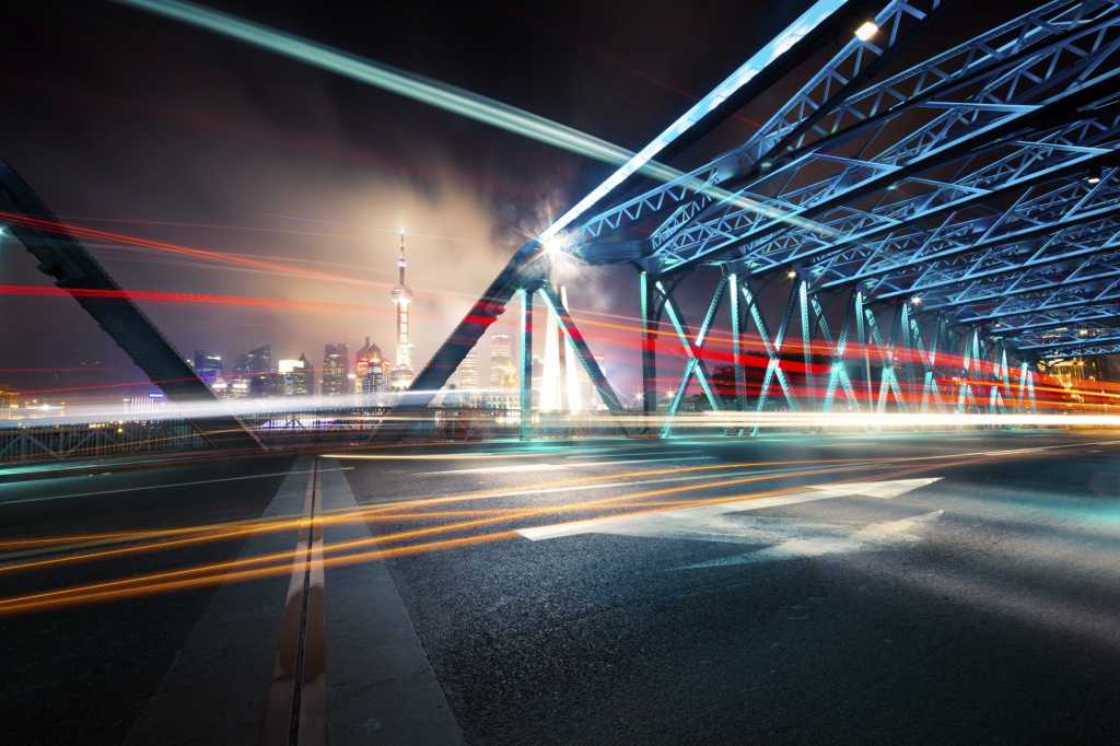 futuristic city with bridge in motion