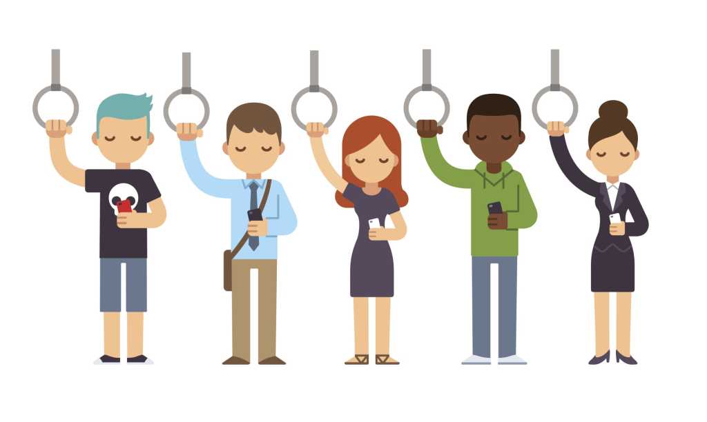 multicultural group of illustrated men and women on public transportation