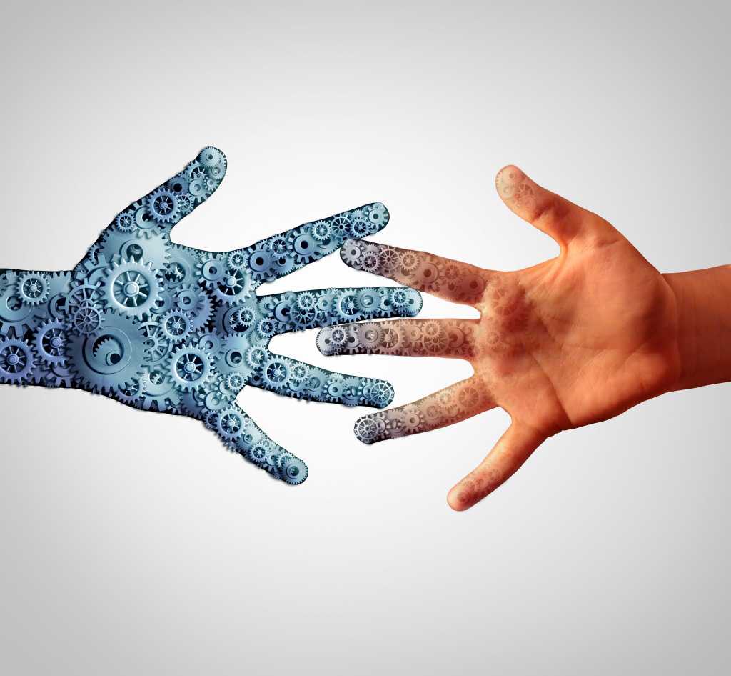 gear robotic hand touching human hand