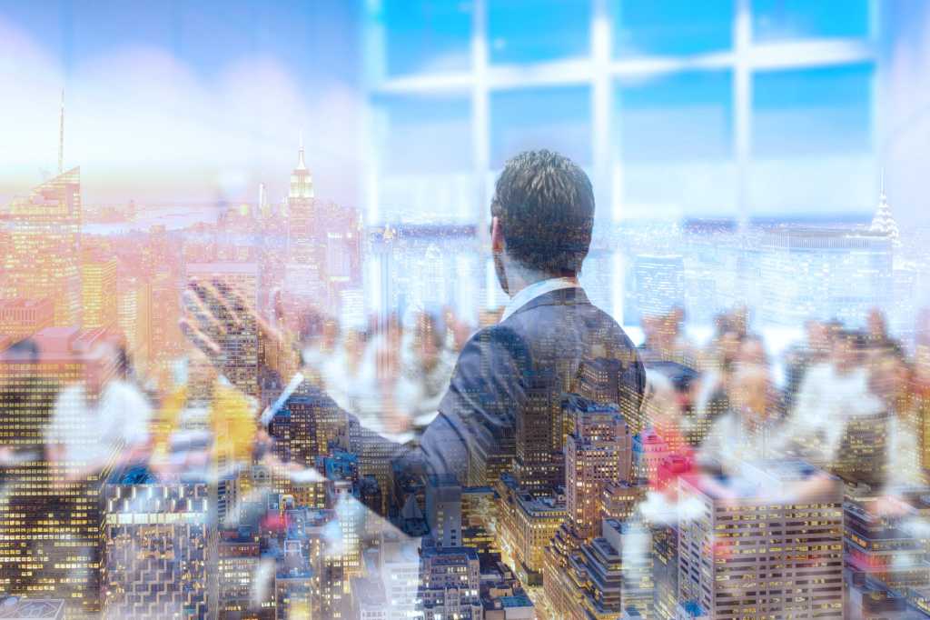 montage of speaker at conference with building superimposed