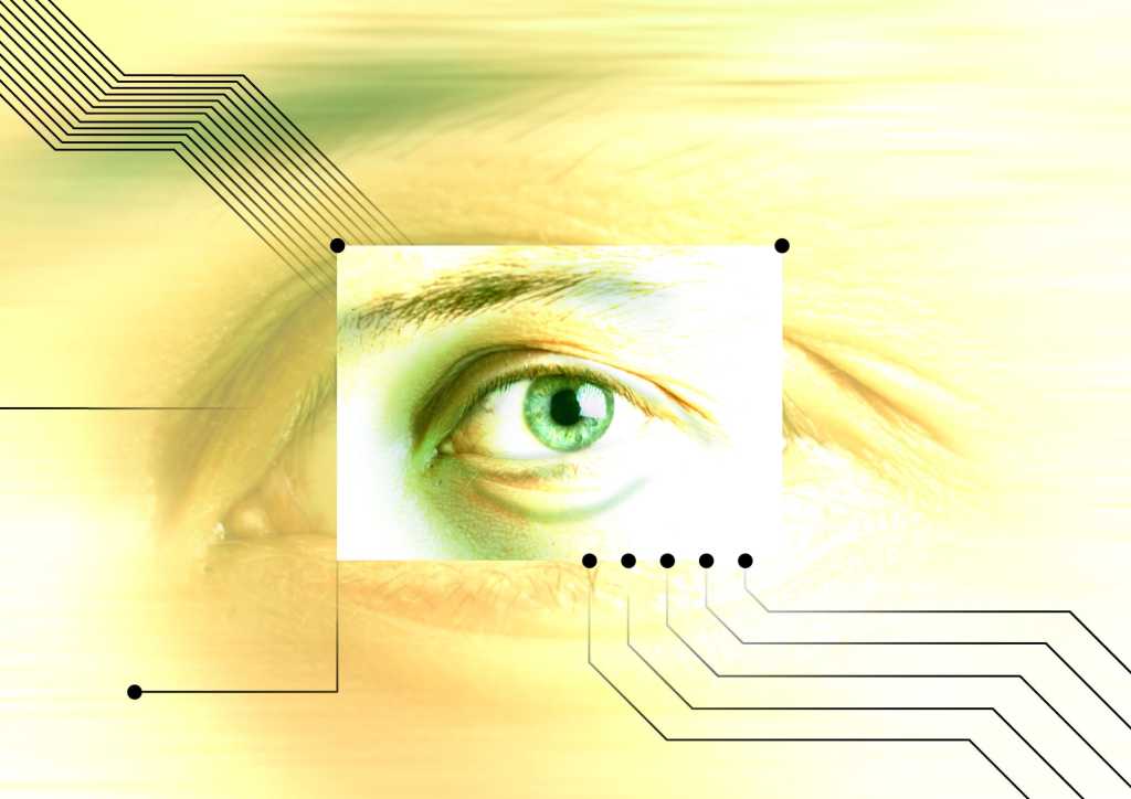 closeup of eye against computer circuitry