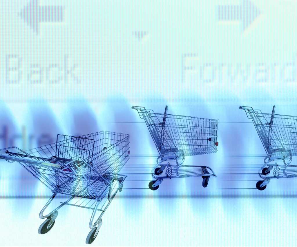 graphic shopping carts traveling in a row on blue background
