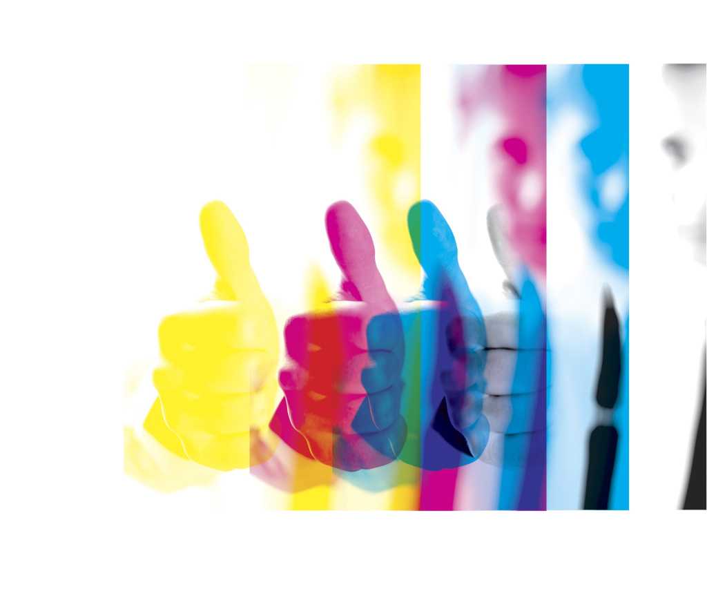 layered image of male executive holding thumbs up in CMYK