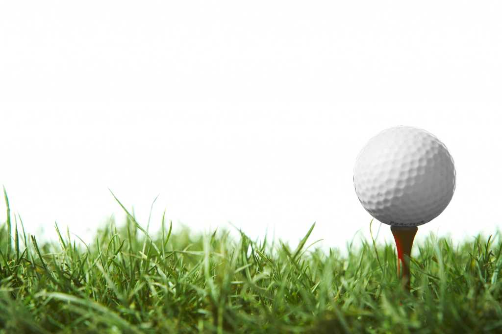 white golf ball on field of green grass against white background