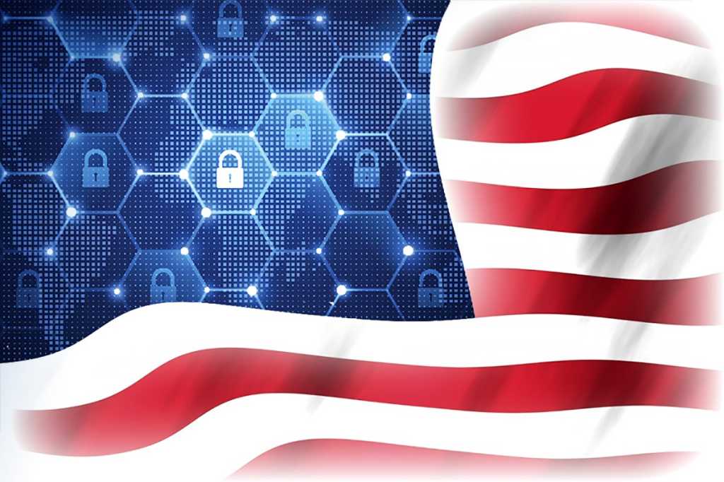 Unitd States cybersecurity > U.S. flag with a digital network of locks instead of stars