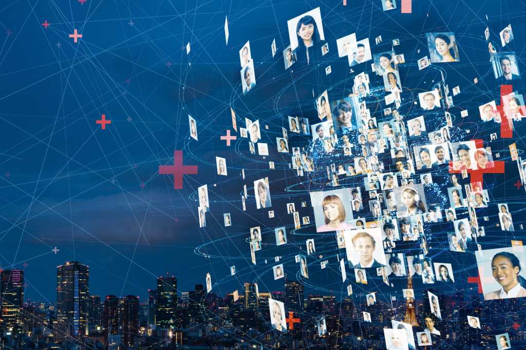 A virtual sphere of photos of individuals appears against a cityscape.