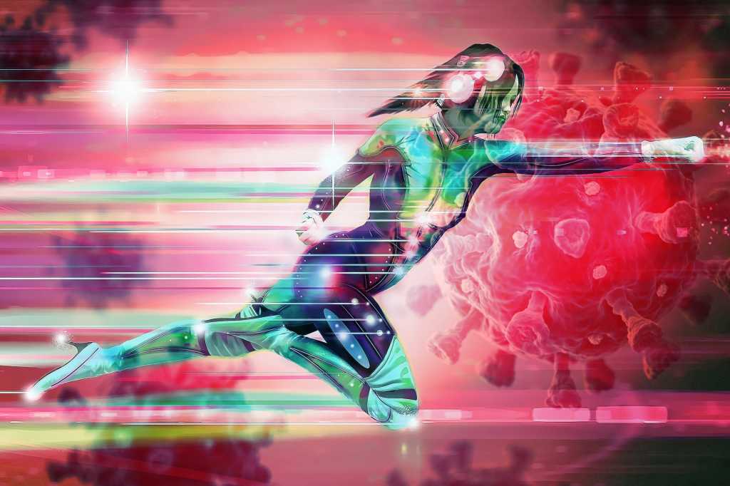 woman hero fighting covid with technology coronavirus covid 19 by blackjack3d getty images and alan