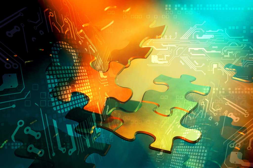 CSO > secure mergers + acquisitions / floating puzzles pieces / abstract security mechanisms