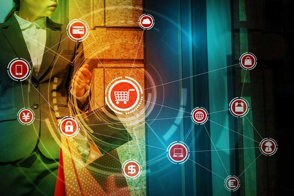 multiple-exposure image of a businesswoman and virtual connections of various monetary transactions