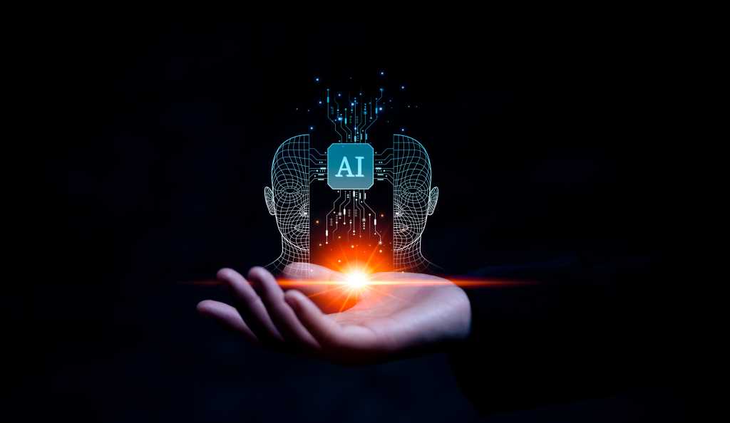 Business hand holding AI icon to digital marketing strategy idea ,target of investment growth, chatbot application software futuristic technology ,business of AI artificial intelligence innovation
