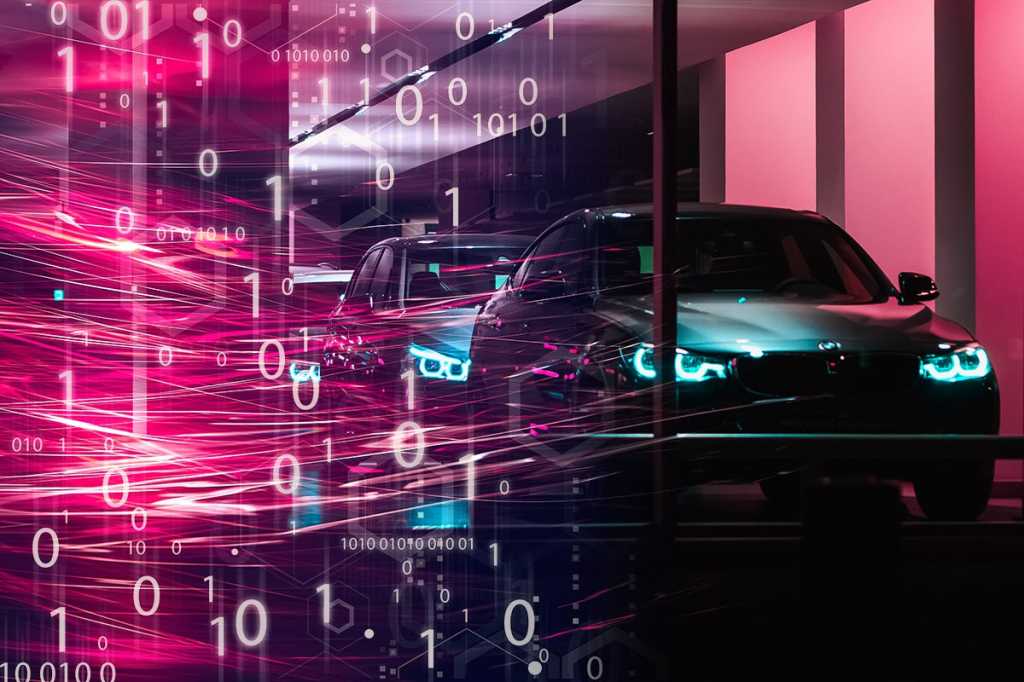 light trails and binary code surround cars at night