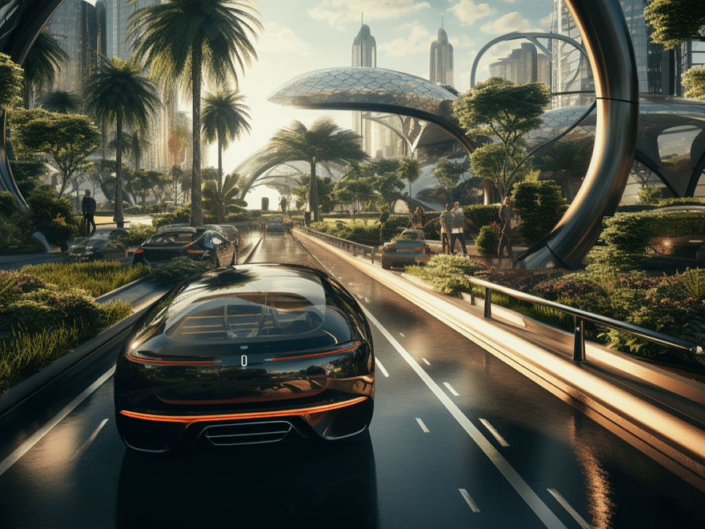 Car driving on the road in a modernized city