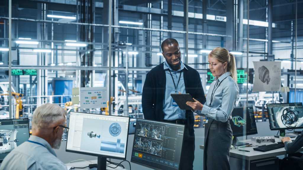 man woman computer plant