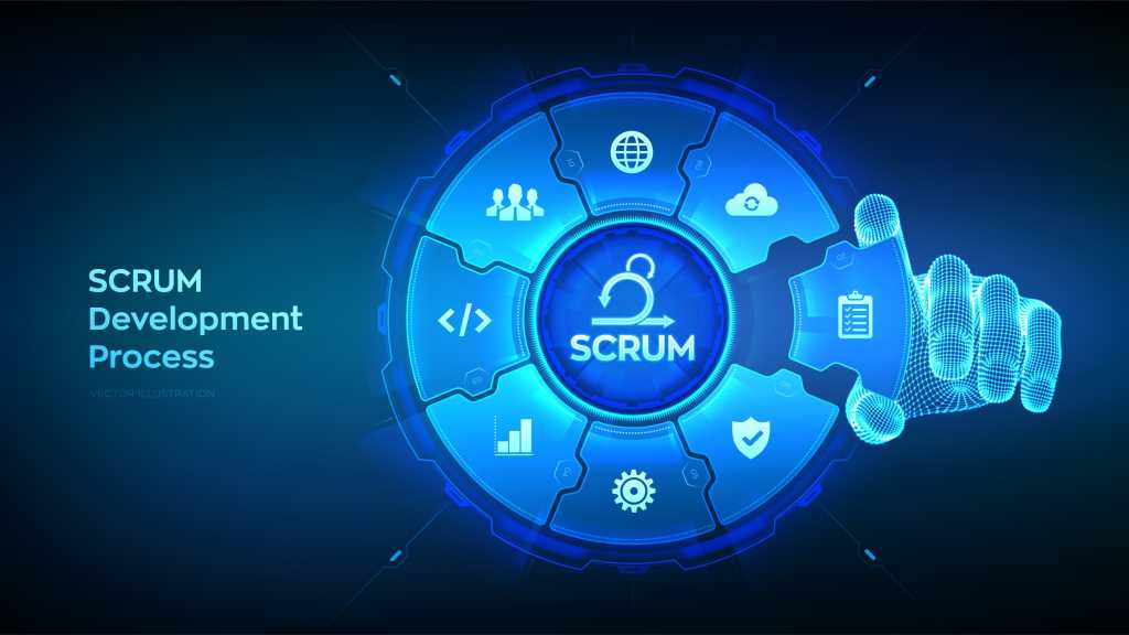 Scrum Agile development methodology process. Iterative sprint methodology. Programming and application design concept. Wireframe hand places an element into a composition visualizing Scrum practicea