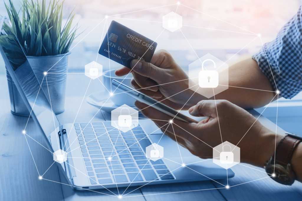 A network of security components overlays a credit card payment made by laptop user.