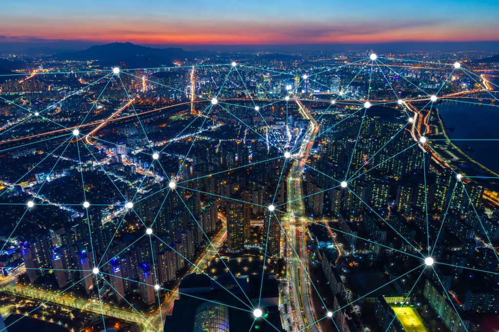 Technology network and Connection technology concept with night cityscape of Seoul,South korea background