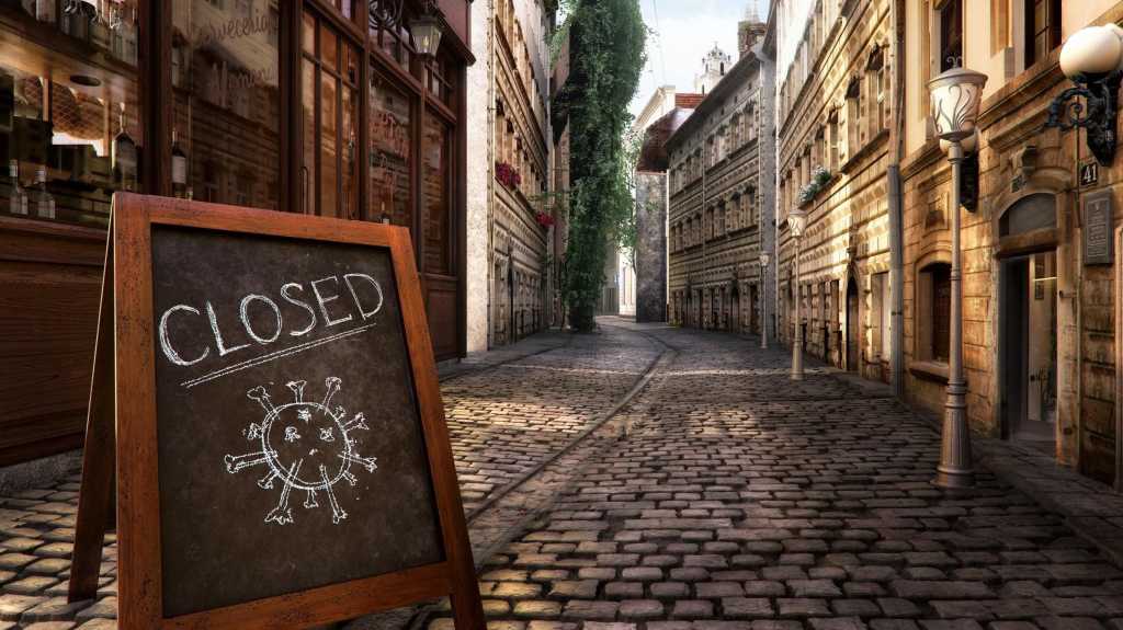 Coronavirus crisis. CLOSED message board near bar, cafe, shop on empty street. Corona virus COVID-19 disease global pandemic outbreak, business impact, isolation, quarantine, stay at home 3D concept