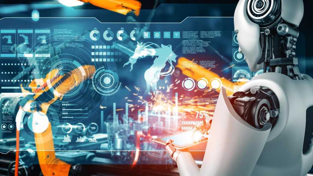 XAI Mechanisierter Industrieroboter und Roboterarme für die Montage in der Fabrikproduktion. Konzept der künstlichen Intelligenz für industrielle Revolution und Automatisierungsprozess.