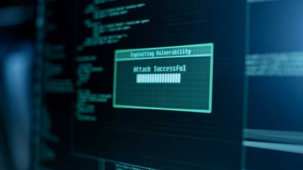 Display Showing Stages of Hacking in Progress: Exploiting Vulnerability, Executing and Granted Access.