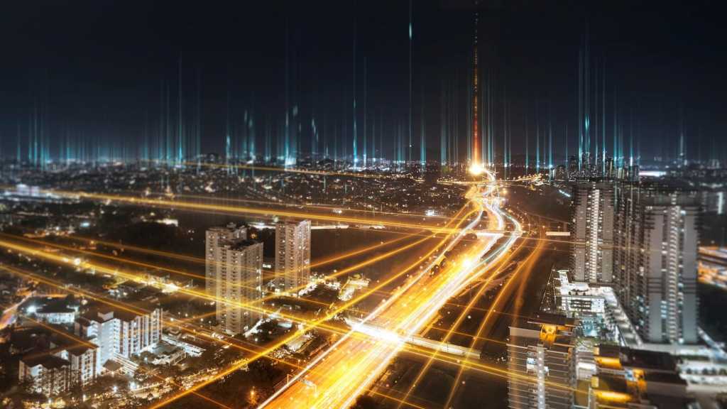 Communication network and traffic light on highway .Concept of smart city network, internet communication and digital traffic management system 16zu9