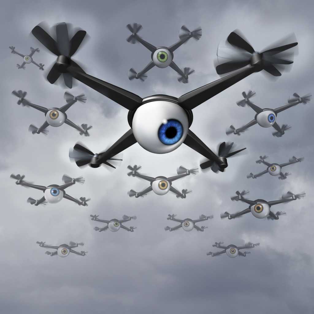 conceptual illustration of flying drones with large eye