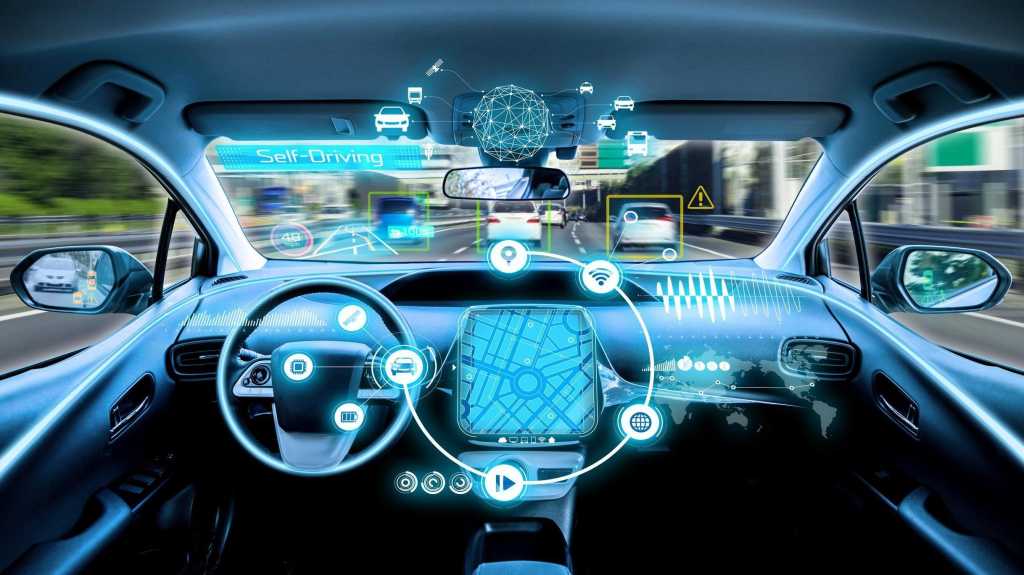 empty cockpit of vehicle. HUD(Head Up Display) and digital instruments panel, autonomous car