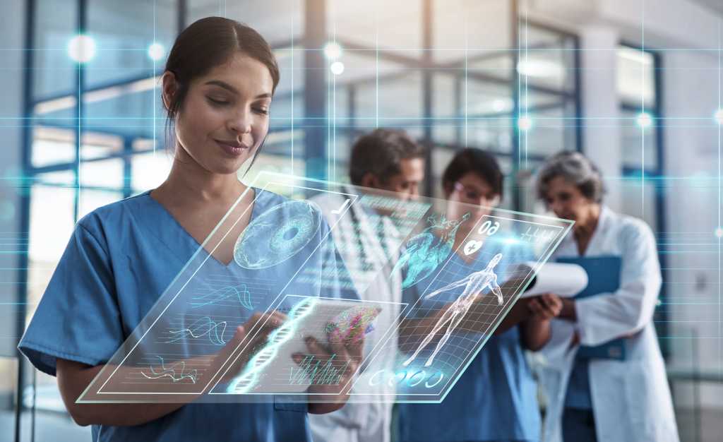 Doctor, woman and tablet in hospital with holographic ux for telehealth, medical innovation and dna study. Medic, mobile touchscreen for typing on app for data analysis