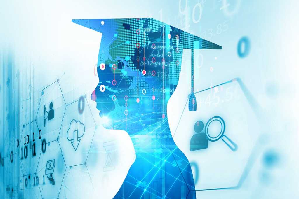 Certification / Graduate silhouette surrounded by abstract technology symbols and imagery.