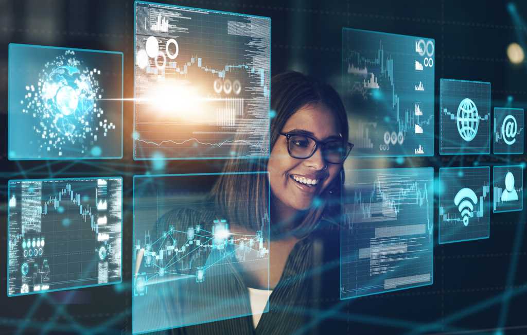 Call center, consultant and woman with futuristic data analytics of global support contact or help desk support.