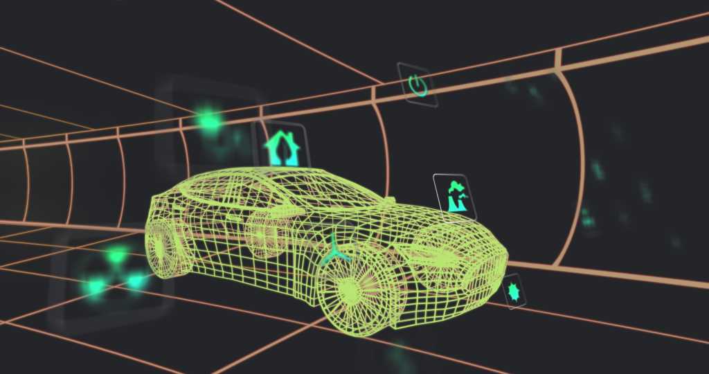 mage of multiple digital icons over 3d car model moving in seamless pattern in a tunnel