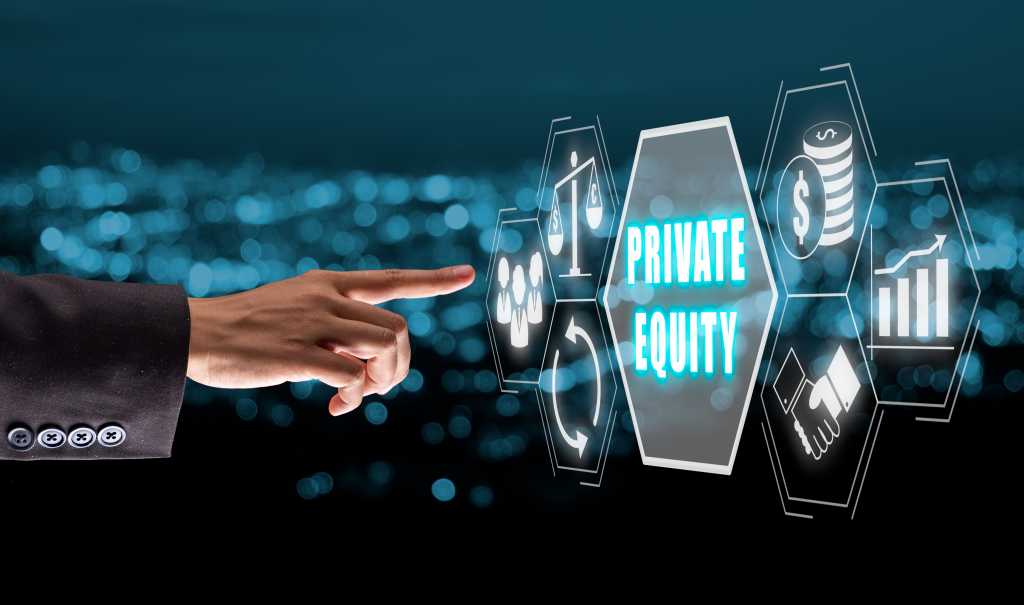 Private equity concept, Business person hand touching private equity icon on virtual screen