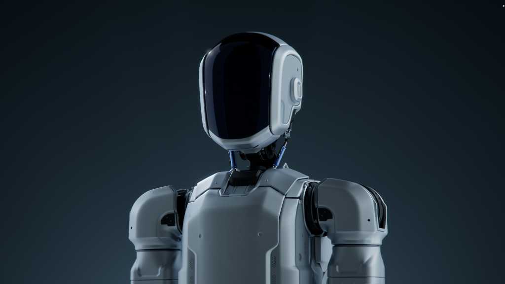 Portrait of Futuristic Humanoid Robot with Glass Visor on Dark Background. Human-Like Robot Powered by Artificial Intelligence. Next-Generation AI Enhanced Industrial Humanoid Robot