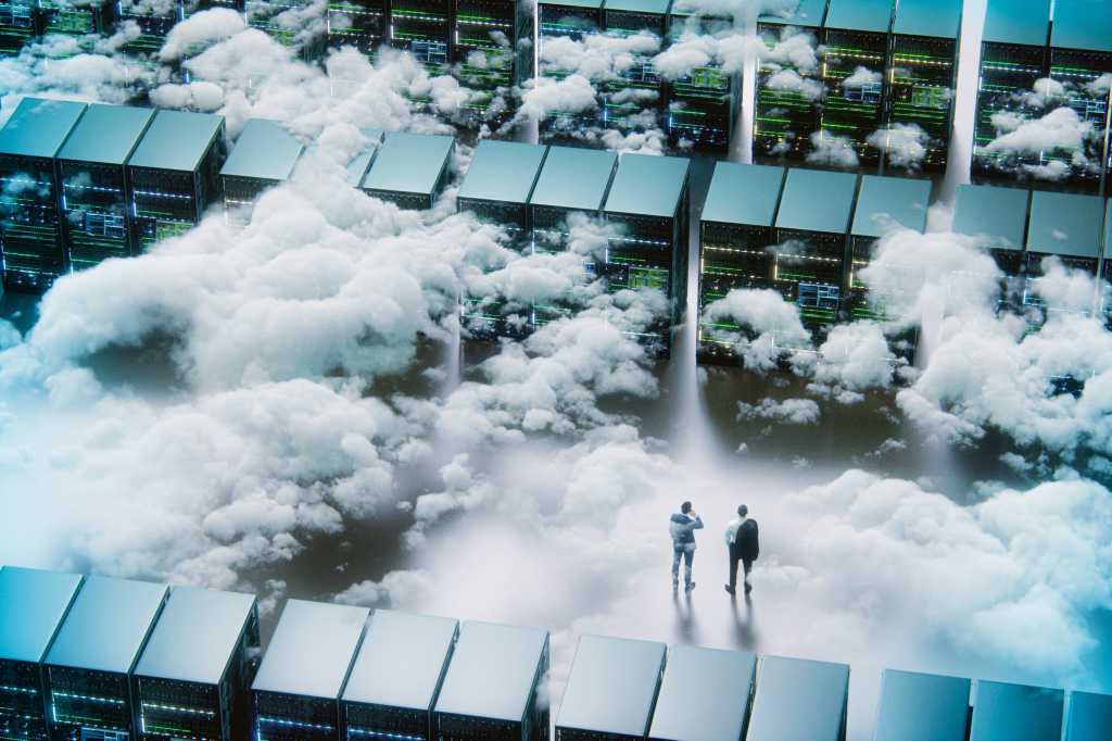 Two figures within a data center / server maze, strewn with clouds.