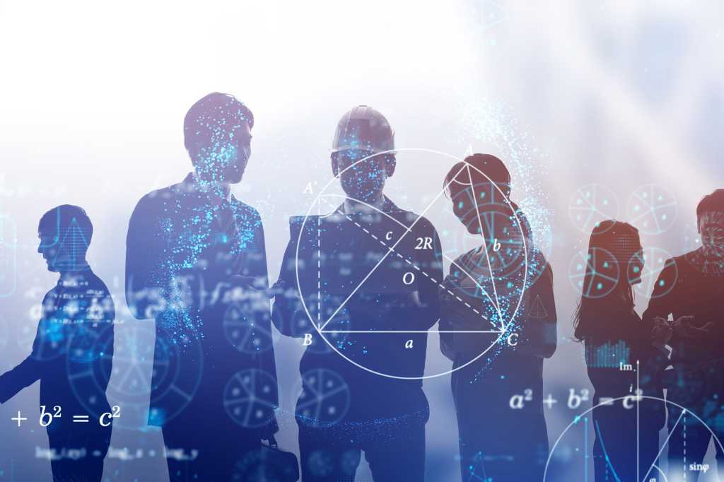 Multiple-exposure silhouettes with data overlay of scientific algorithms and formulas.