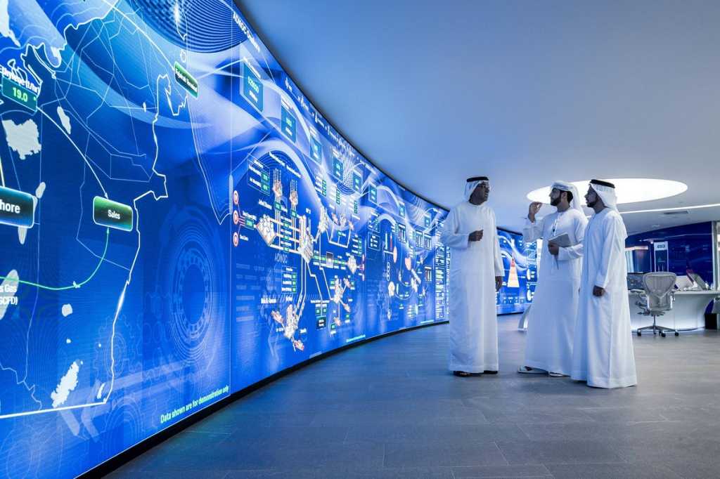 adnocs panorama digital command center is built around a 50m video wall that visualises data from a